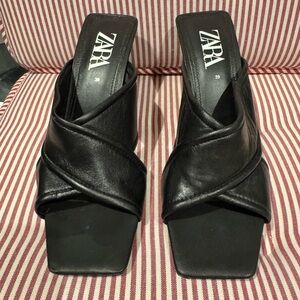 ZARA Black Leather Heeled Mules | Size 39 (US 8.5–9)